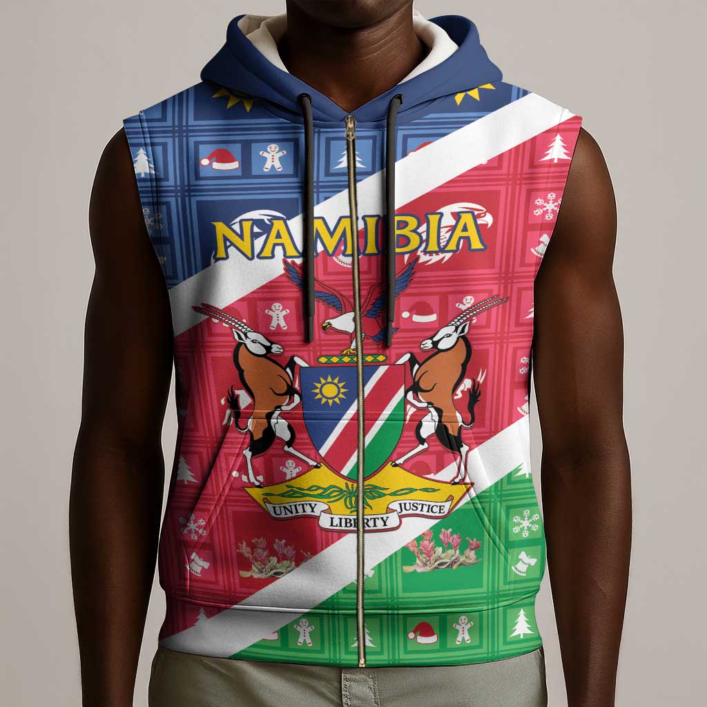 Afro Namibia Sleeveless Zip Hoodie Coat Of Arms Christmas Style - African Pride