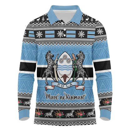 Afro Botswana Christmas Long Sleeve Polo Shirt Coat Of Arms - African Pattern