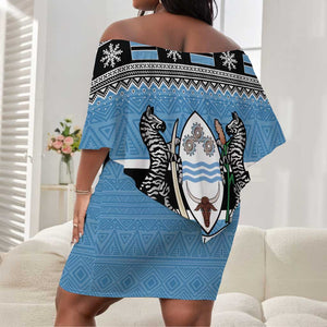Afro Botswana Christmas Off Shoulder Short Dress Coat Of Arms - African Pattern