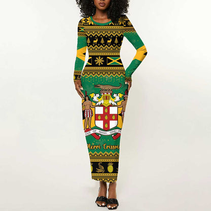 Afro-Jamaicans Long Sleeve Bodycon Dress Coat Of Arms - Merry Christmas LT15