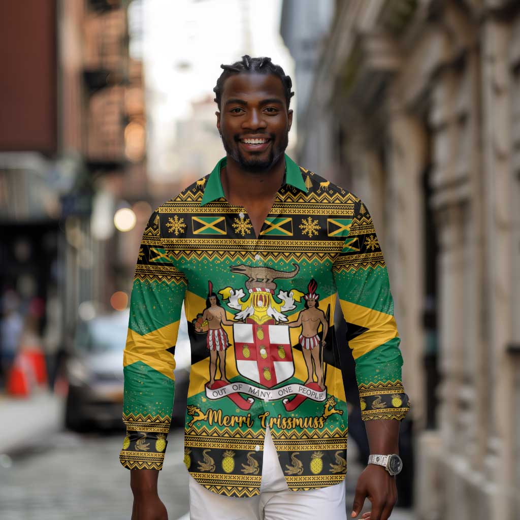 Afro-Jamaicans Long Sleeve Button Shirt Coat Of Arms - Merry Christmas