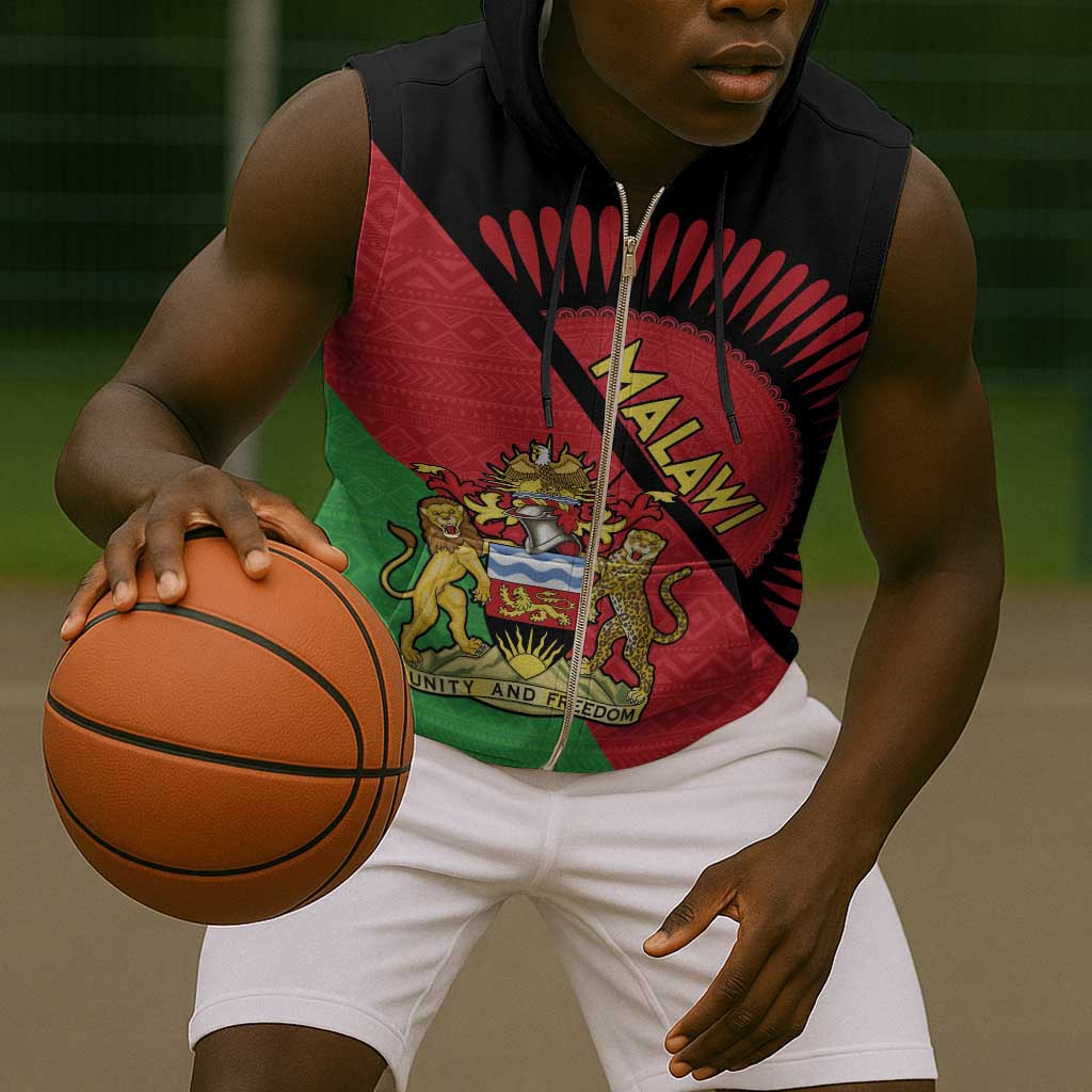 Personalized Afro Malawi Sleeveless Zip Hoodie Coat Of Arms - Southeastern Africa Pattern - African Pride