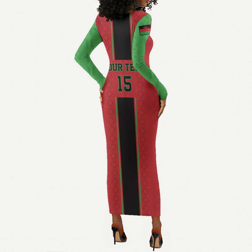 Custom Afro Malawi Football Long Sleeve Bodycon Dress Go Champions - African Pattern