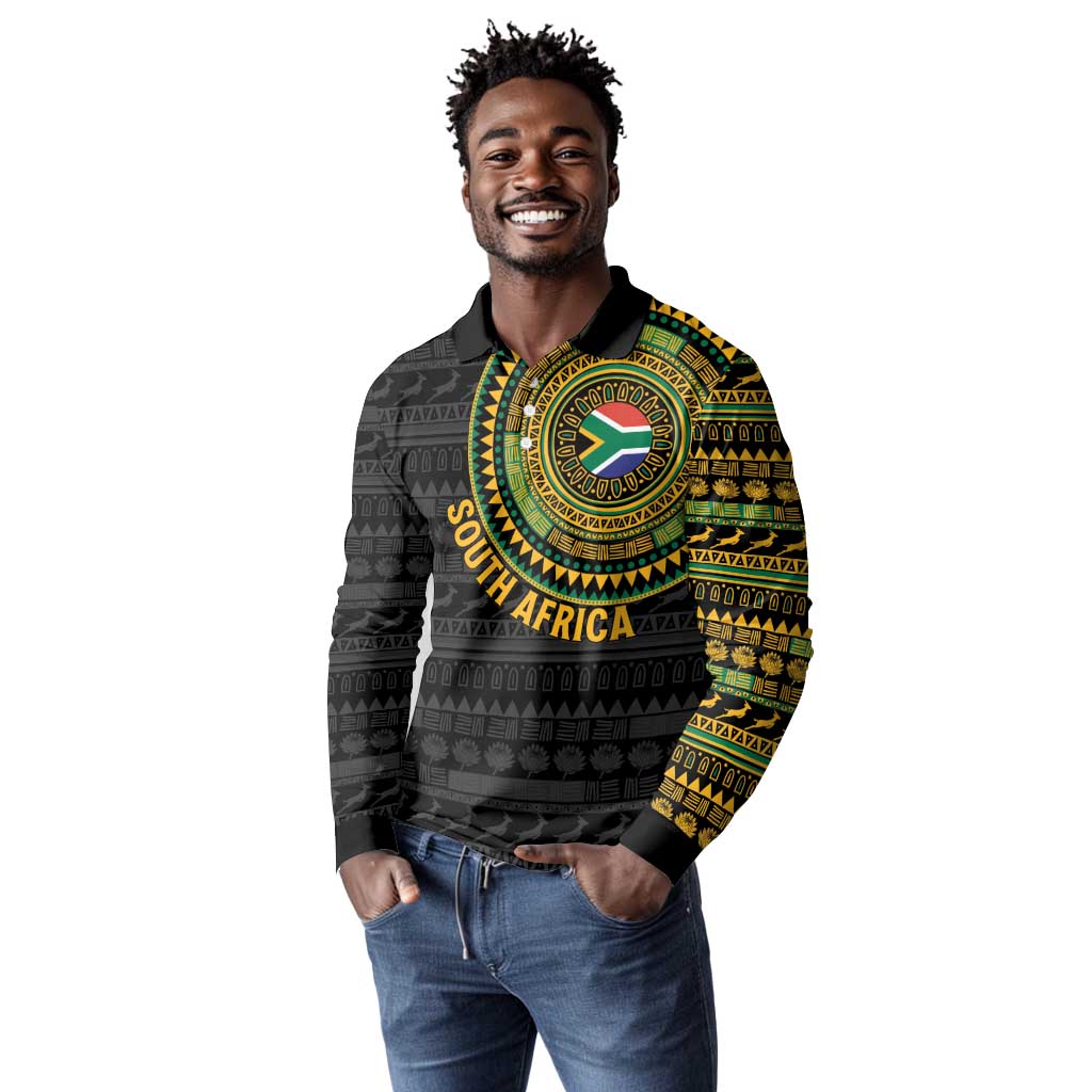 Personalised South Africa African Tribal Pattern Long Sleeve Polo Shirt Chest Arm Tattoo