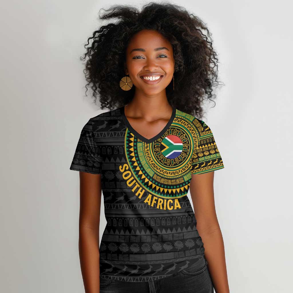 Personalised South Africa African Tribal Pattern Women V-Neck T-Shirt Chest Arm Tattoo