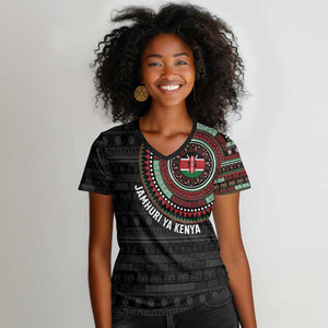 Personalised Kenya African Tribal Pattern Women V-Neck T-Shirt Chest Arm Tattoo