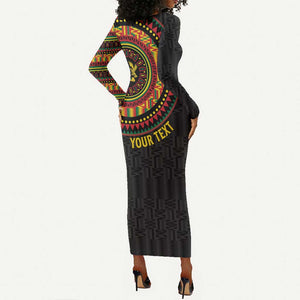 Personalised Ghana African Tribal Mix Kente Patterns Long Sleeve Bodycon Dress Chest Arm Tattoo LT15