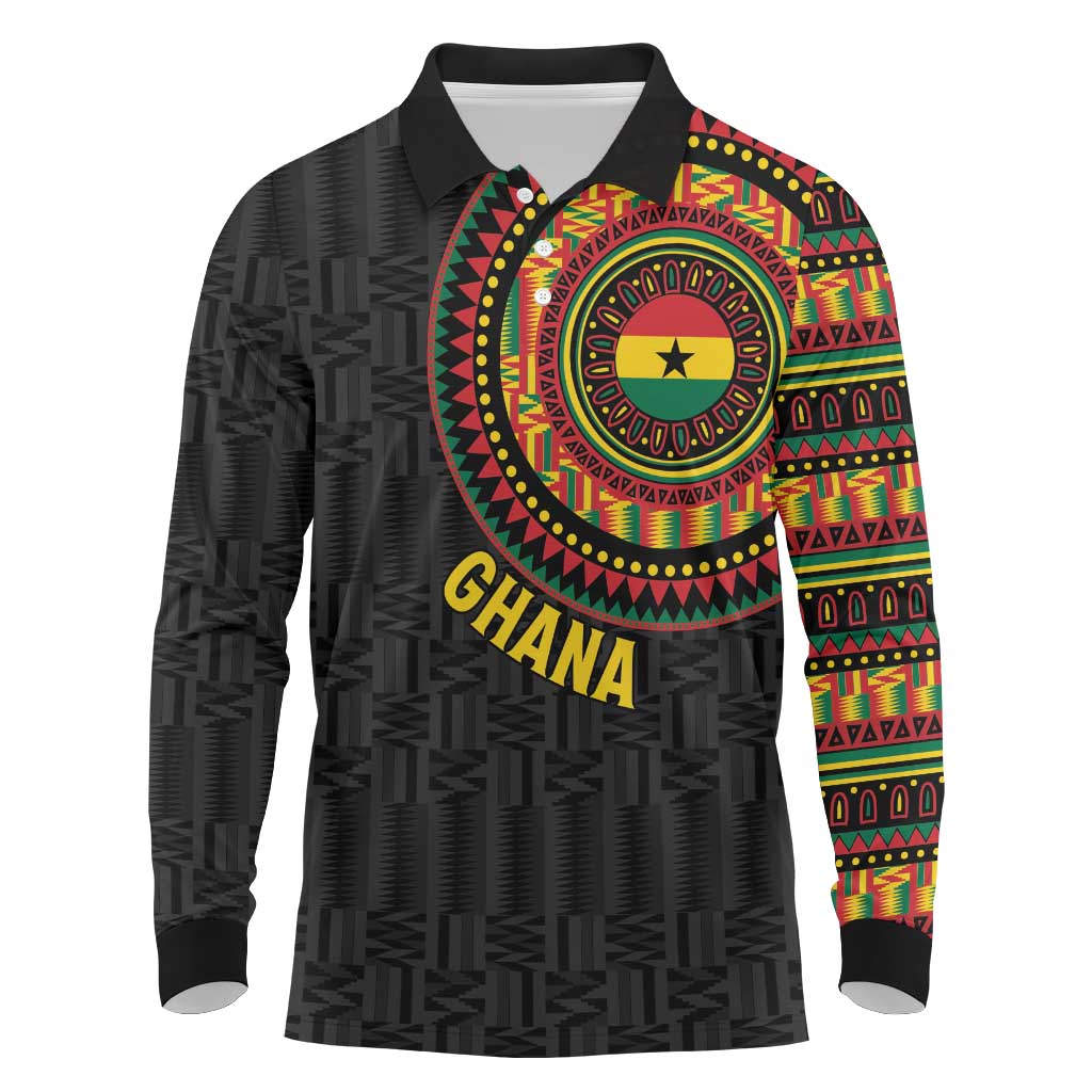 Personalised Ghana African Tribal Mix Kente Patterns Long Sleeve Polo Shirt Chest Arm Tattoo