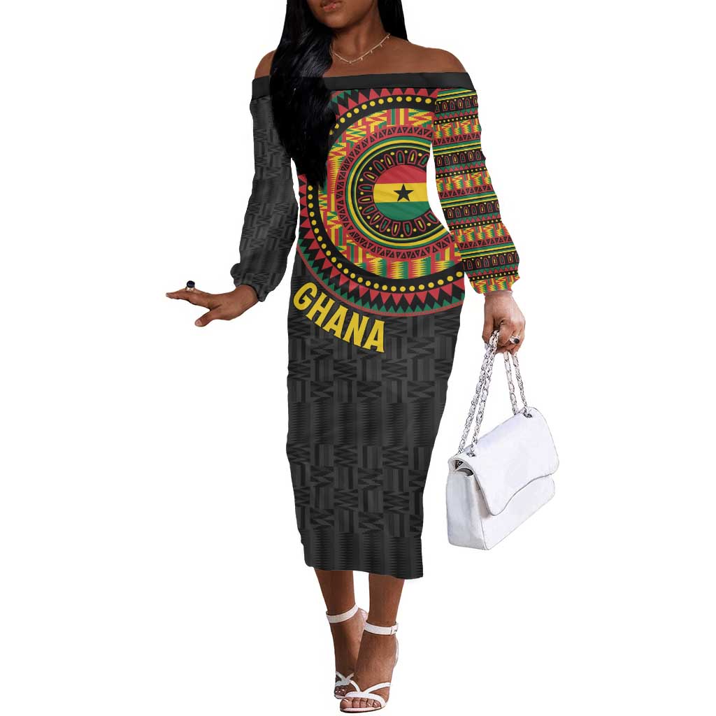 Personalised Ghana African Tribal Mix Kente Patterns Off The Shoulder Long Sleeve Dress Chest Arm Tattoo