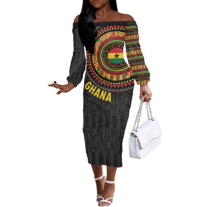 Personalised Ghana African Tribal Mix Kente Patterns Off The Shoulder Long Sleeve Dress Chest Arm Tattoo