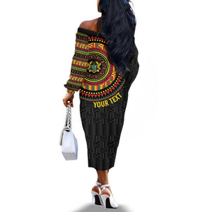 Personalised Ghana African Tribal Mix Kente Patterns Off The Shoulder Long Sleeve Dress Chest Arm Tattoo