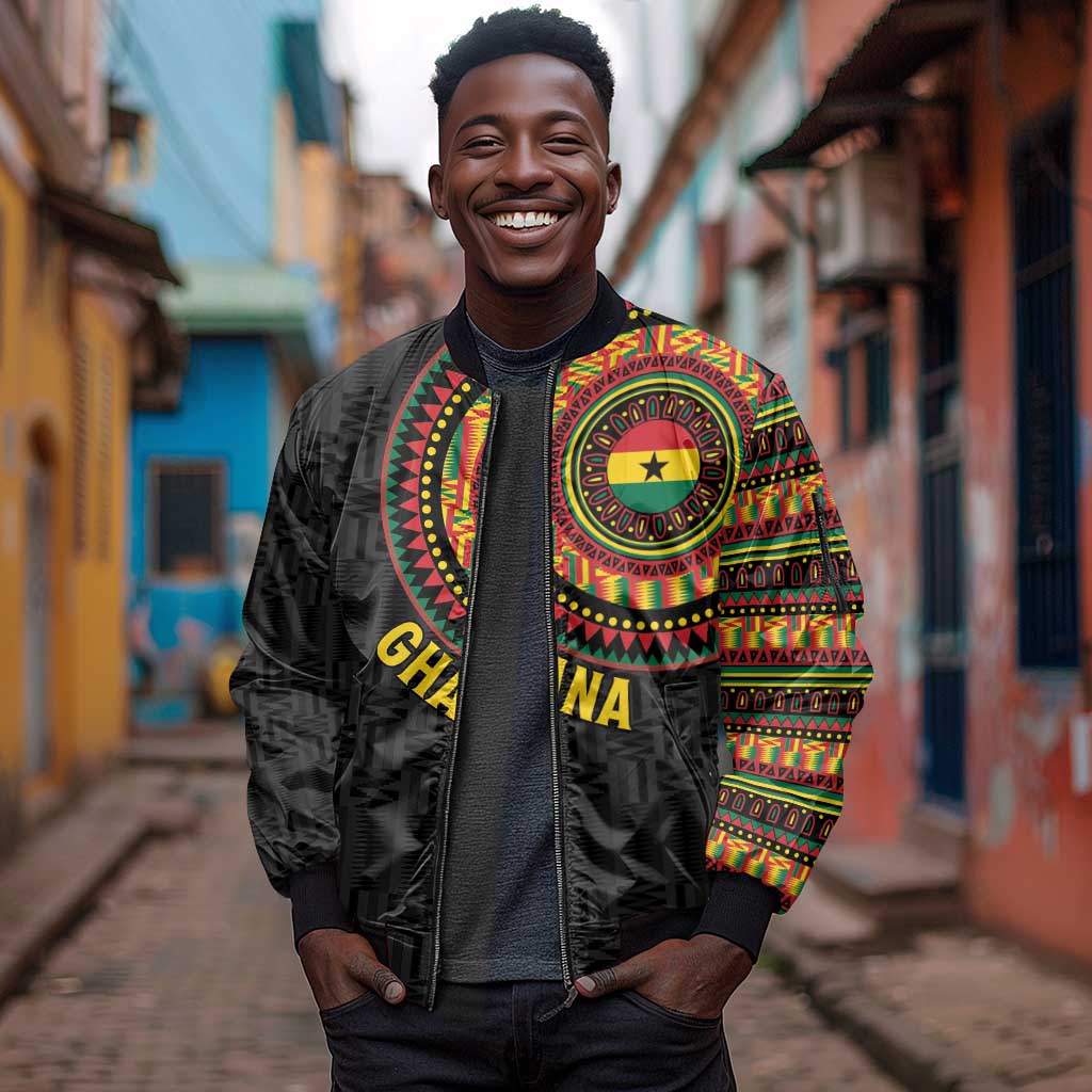 Personalised Ghana African Tribal Mix Kente Patterns Sleeve Zip Bomber Jacket Chest Arm Tattoo