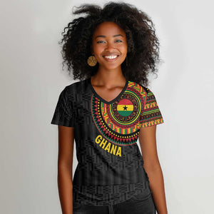 Personalised Ghana African Tribal Mix Kente Patterns Women V-Neck T-Shirt Chest Arm Tattoo