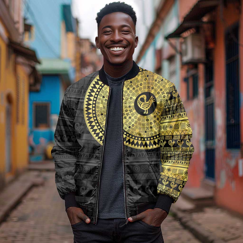 African Adinkra Bomber Jacket Sankofa Bird - Gold Version - Chest Arm Tattoo