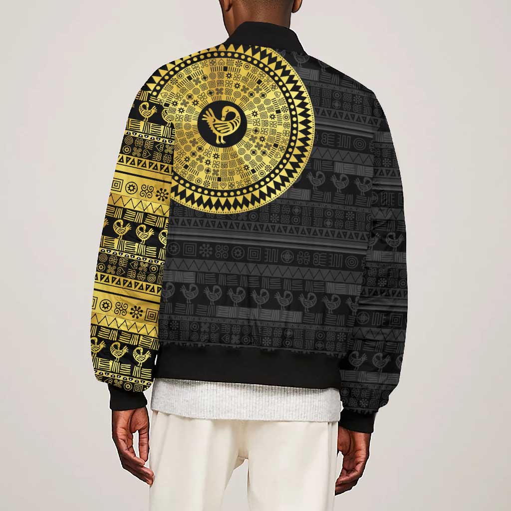 African Adinkra Bomber Jacket Sankofa Bird - Gold Version - Chest Arm Tattoo