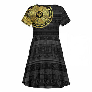 African Adinkra Kid Short Sleeve Dress Sankofa Bird - Gold Version - Chest Arm Tattoo