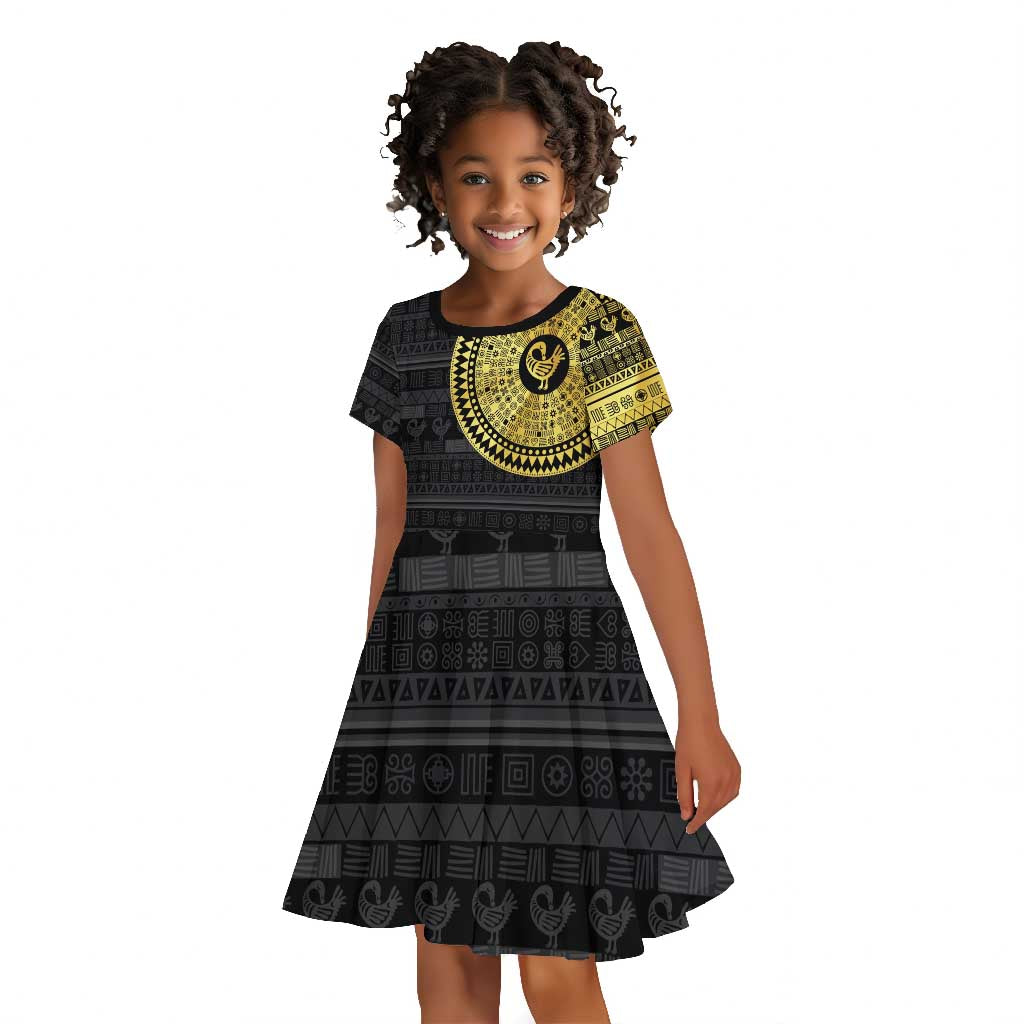 African Adinkra Kid Short Sleeve Dress Sankofa Bird - Gold Version - Chest Arm Tattoo
