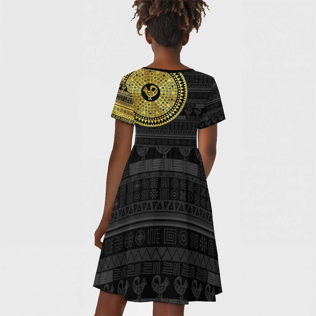 African Adinkra Kid Short Sleeve Dress Sankofa Bird - Gold Version - Chest Arm Tattoo