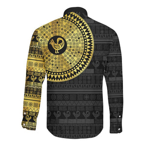 African Adinkra Long Sleeve Button Shirt Sankofa Bird - Gold Version - Chest Arm Tattoo