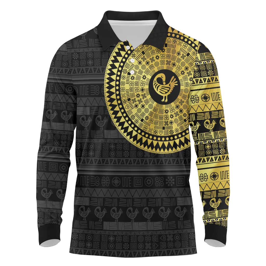 African Adinkra Long Sleeve Polo Shirt Sankofa Bird - Gold Version - Chest Arm Tattoo