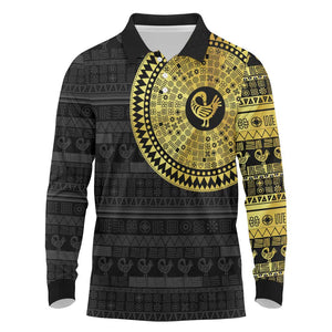 African Adinkra Long Sleeve Polo Shirt Sankofa Bird - Gold Version - Chest Arm Tattoo