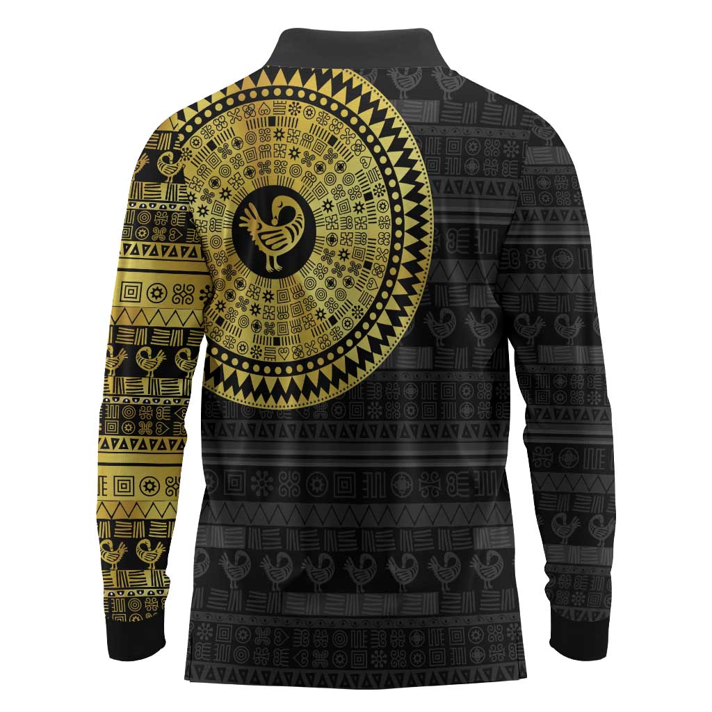 African Adinkra Long Sleeve Polo Shirt Sankofa Bird - Gold Version - Chest Arm Tattoo