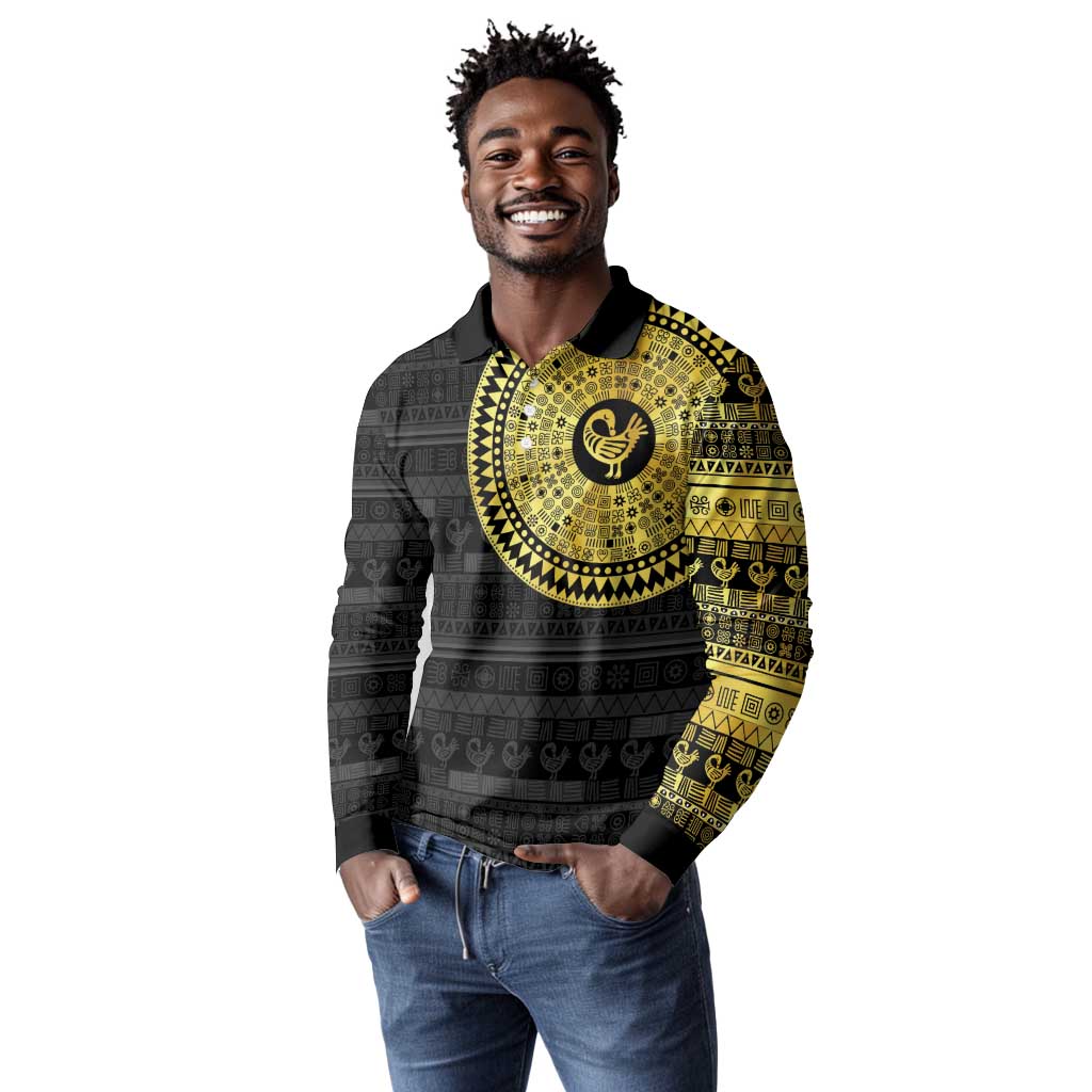 African Adinkra Long Sleeve Polo Shirt Sankofa Bird - Gold Version - Chest Arm Tattoo