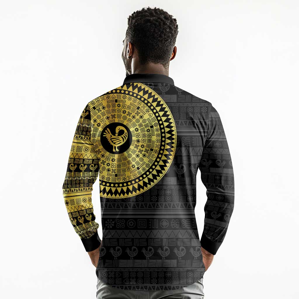 African Adinkra Long Sleeve Polo Shirt Sankofa Bird - Gold Version - Chest Arm Tattoo