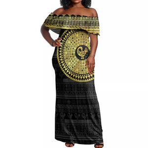 African Adinkra Off Shoulder Maxi Dress Sankofa Bird - Gold Version - Chest Arm Tattoo