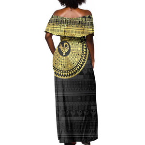 African Adinkra Off Shoulder Maxi Dress Sankofa Bird - Gold Version - Chest Arm Tattoo