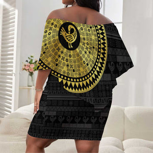 African Adinkra Off Shoulder Short Dress Sankofa Bird - Gold Version - Chest Arm Tattoo