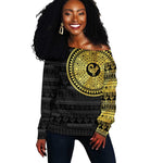 African Adinkra Off Shoulder Sweater Sankofa Bird - Gold Version - Chest Arm Tattoo