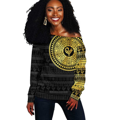 African Adinkra Off Shoulder Sweater Sankofa Bird - Gold Version - Chest Arm Tattoo