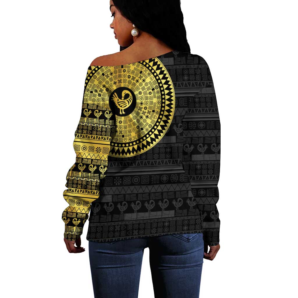 African Adinkra Off Shoulder Sweater Sankofa Bird - Gold Version - Chest Arm Tattoo