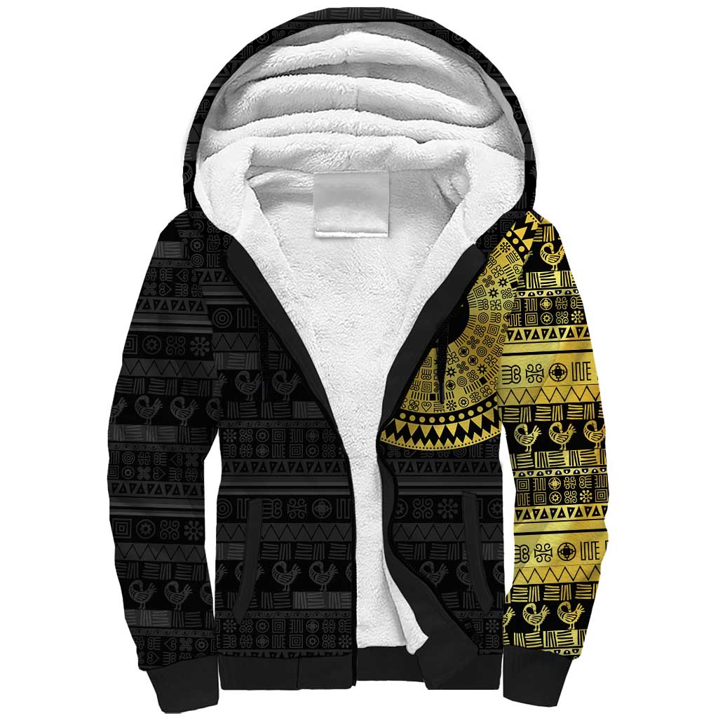 African Adinkra Sherpa Hoodie Sankofa Bird - Gold Version - Chest Arm Tattoo