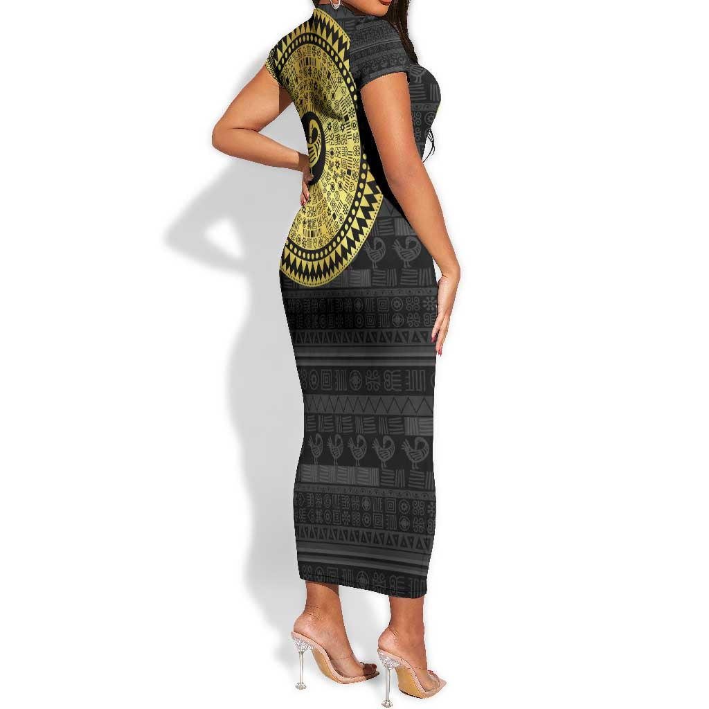 African Adinkra Short Sleeve Bodycon Dress Sankofa Bird - Gold Version - Chest Arm Tattoo