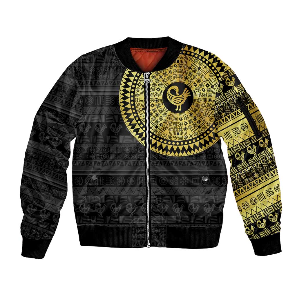 African Adinkra Sleeve Zip Bomber Jacket Sankofa Bird - Gold Version - Chest Arm Tattoo