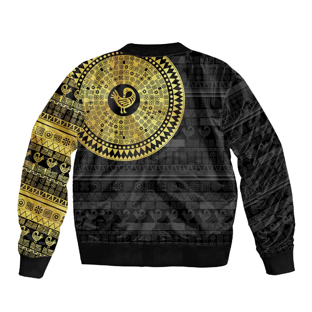 African Adinkra Sleeve Zip Bomber Jacket Sankofa Bird - Gold Version - Chest Arm Tattoo