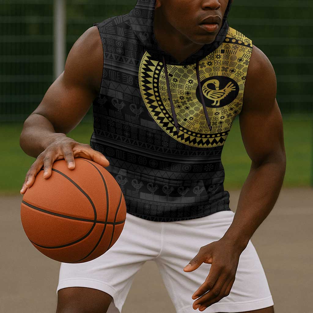 African Adinkra Sleeveless Hoodie Sankofa Bird - Gold Version - Chest Arm Tattoo - African Pride