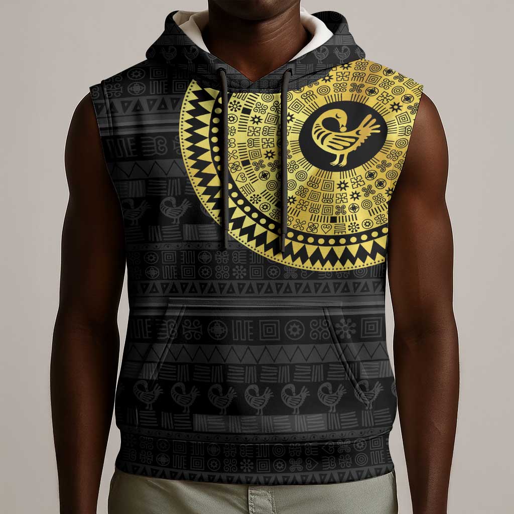African Adinkra Sleeveless Hoodie Sankofa Bird - Gold Version - Chest Arm Tattoo - African Pride