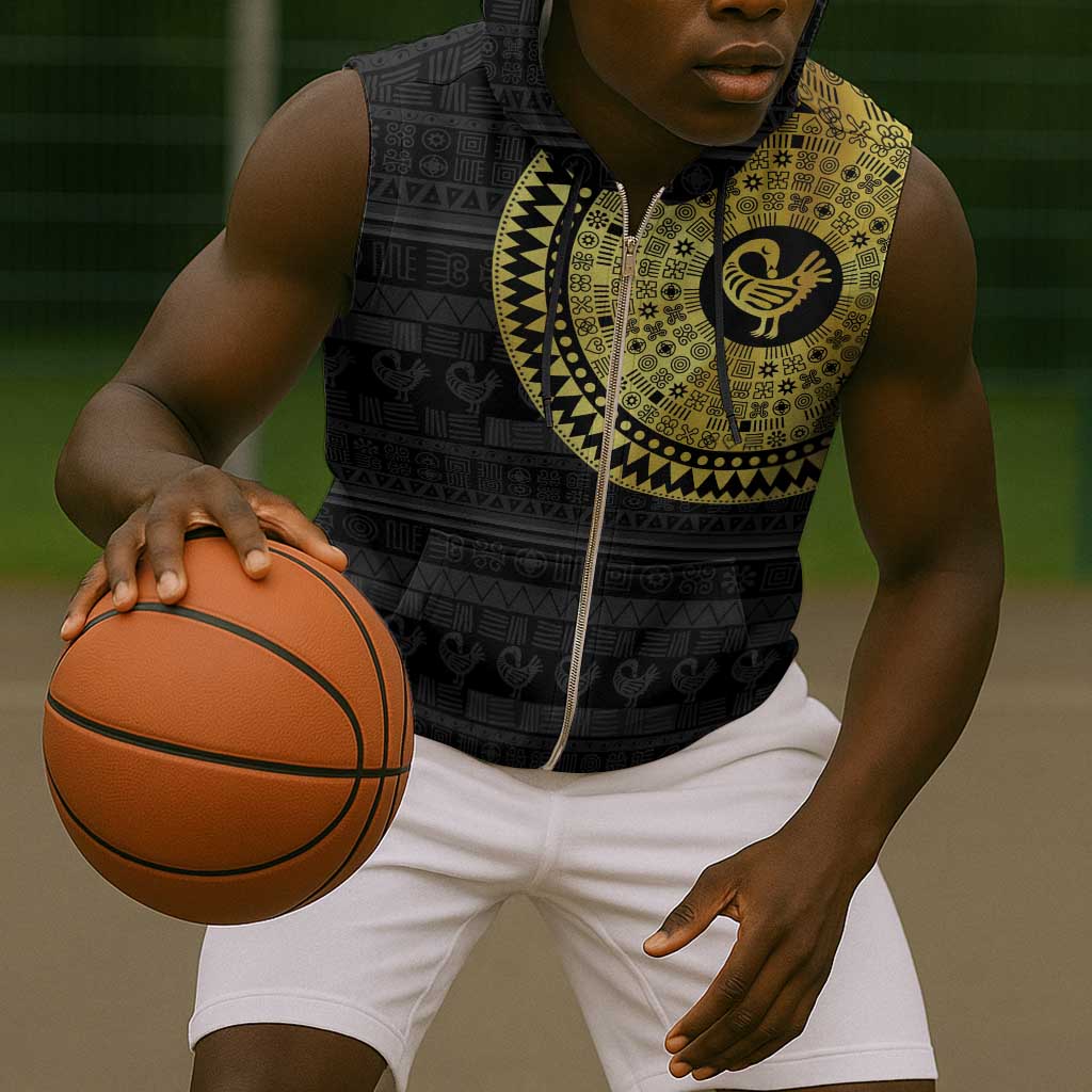 African Adinkra Sleeveless Zip Hoodie Sankofa Bird - Gold Version - Chest Arm Tattoo - African Pride
