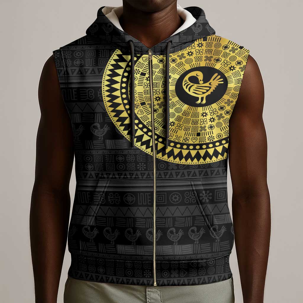 African Adinkra Sleeveless Zip Hoodie Sankofa Bird - Gold Version - Chest Arm Tattoo - African Pride