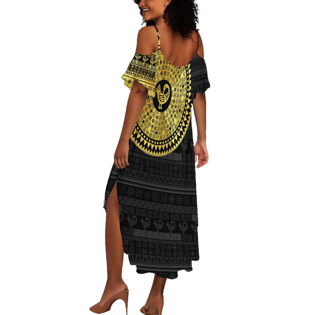 African Adinkra Summer Maxi Dress Sankofa Bird - Gold Version - Chest Arm Tattoo