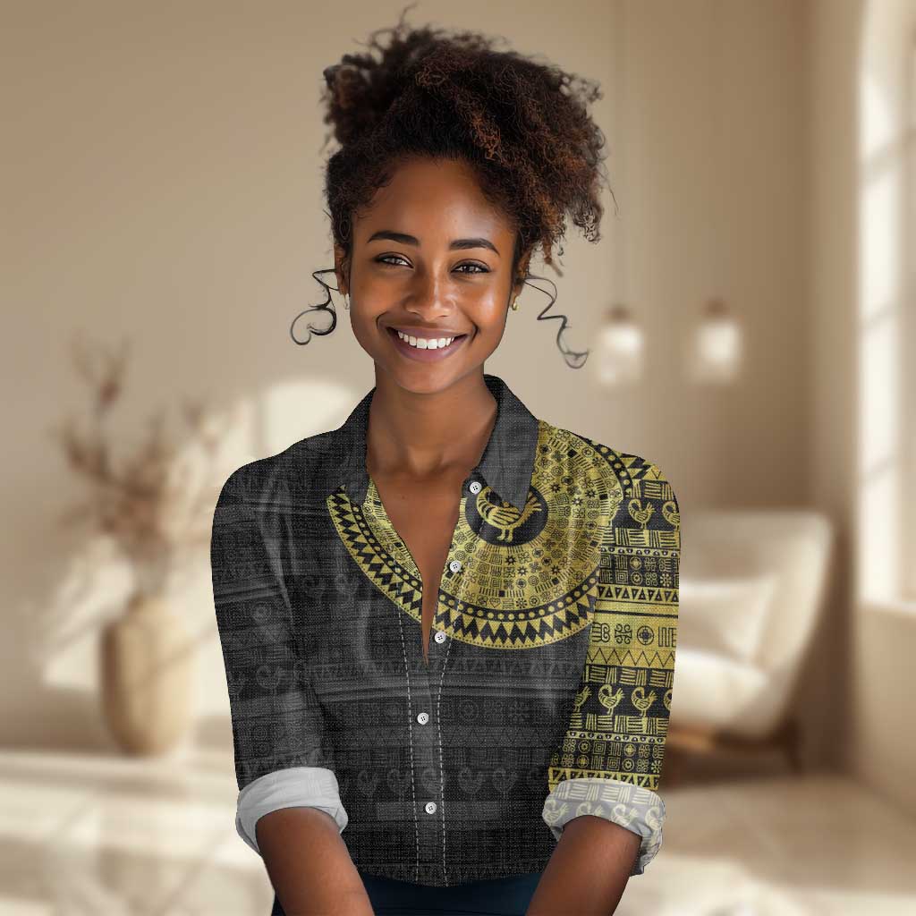 African Adinkra Women Casual Shirt Sankofa Bird - Gold Version - Chest Arm Tattoo