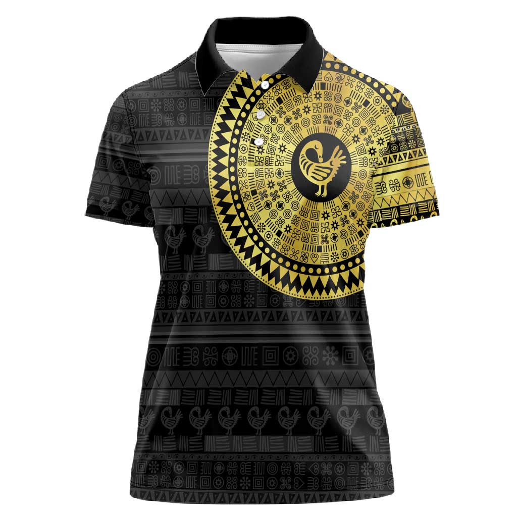 African Adinkra Women Polo Shirt Sankofa Bird - Gold Version - Chest Arm Tattoo