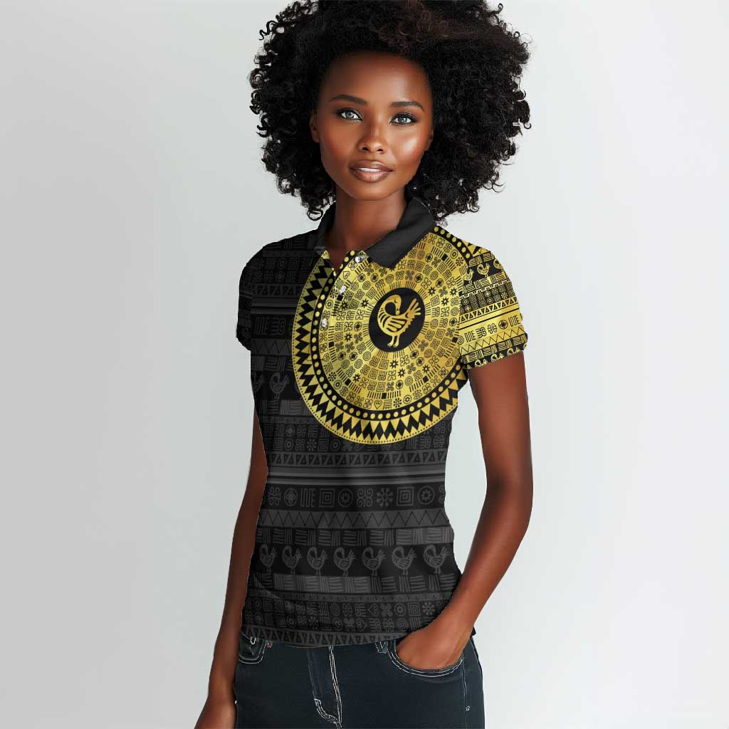 African Adinkra Women Polo Shirt Sankofa Bird - Gold Version - Chest Arm Tattoo