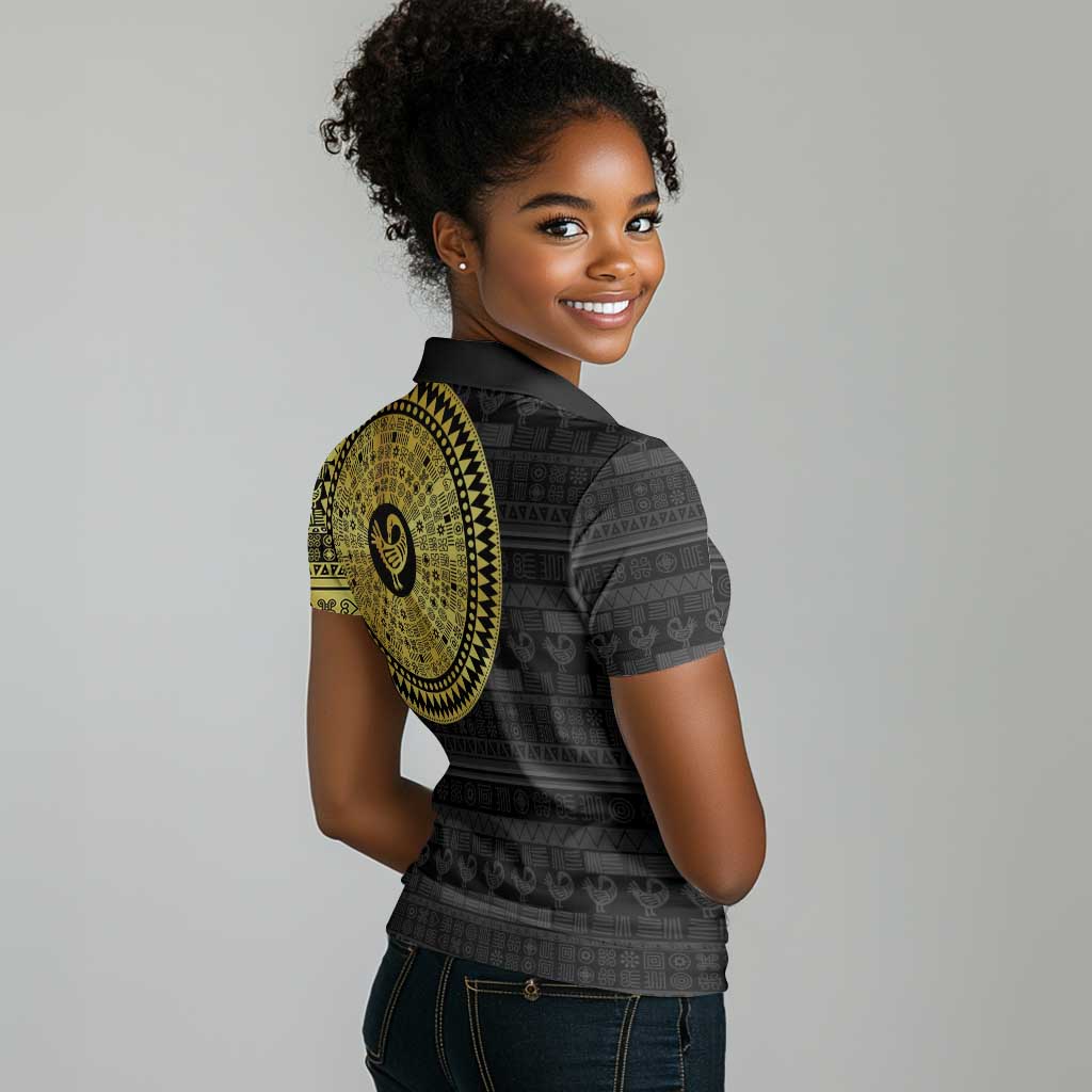 African Adinkra Women Polo Shirt Sankofa Bird - Gold Version - Chest Arm Tattoo