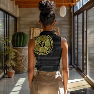 African Adinkra Women Sleeveless Polo Shirt Sankofa Bird - Gold Version - Chest Arm Tattoo