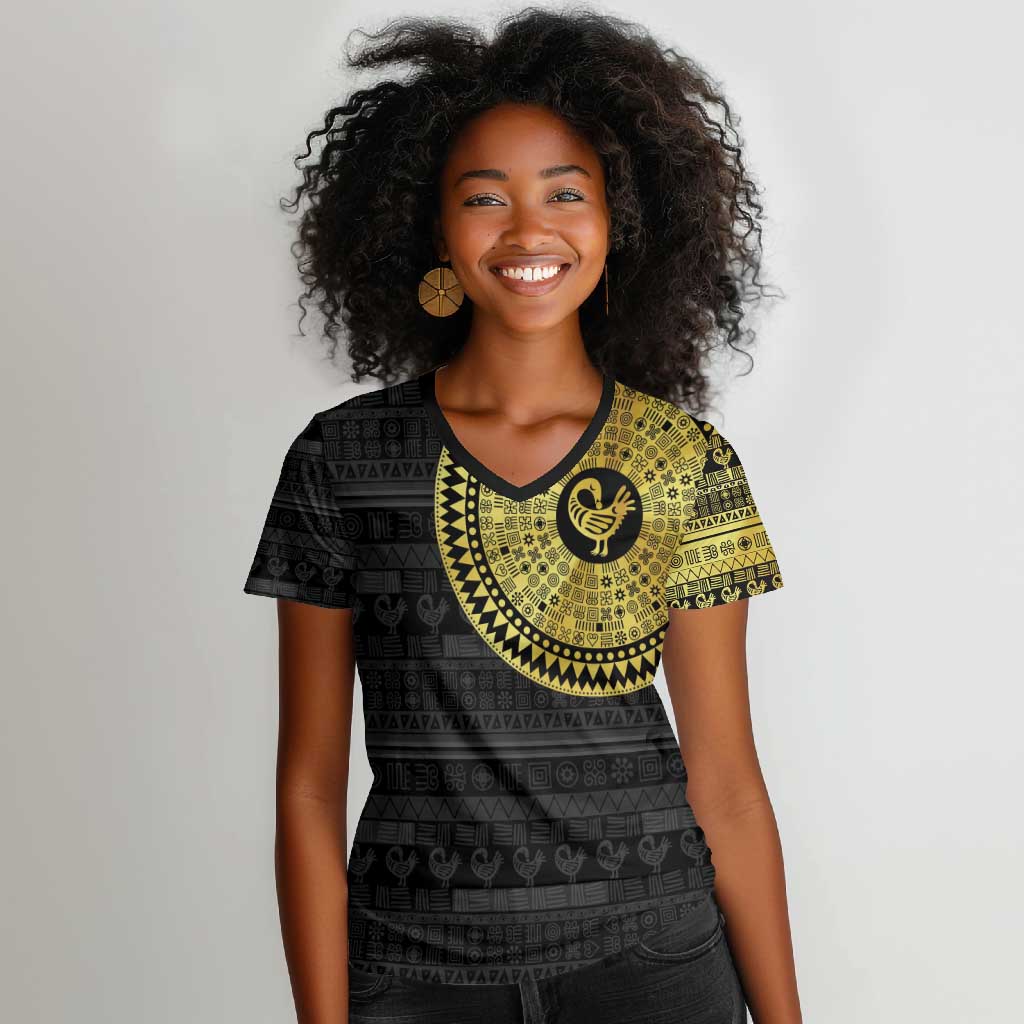 African Adinkra Women V-Neck T-Shirt Sankofa Bird - Gold Version - Chest Arm Tattoo
