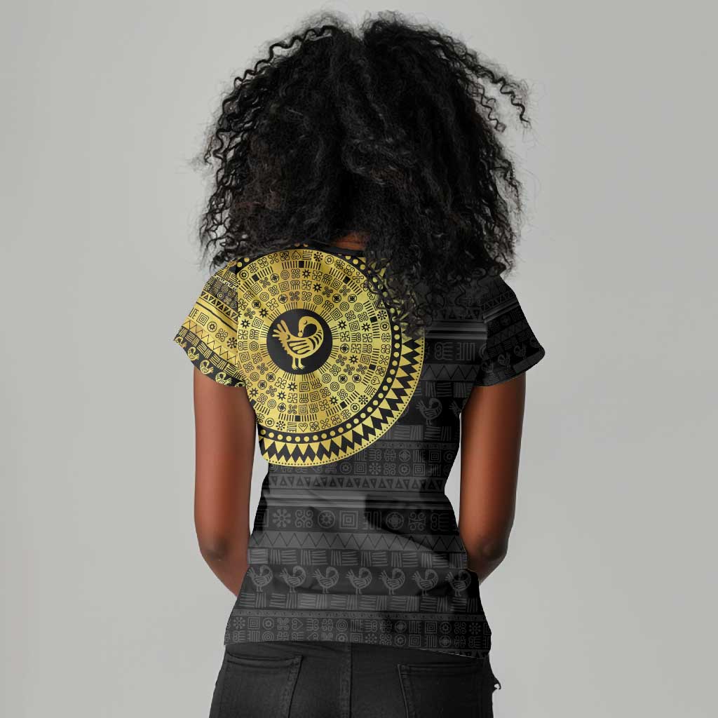 African Adinkra Women V-Neck T-Shirt Sankofa Bird - Gold Version - Chest Arm Tattoo